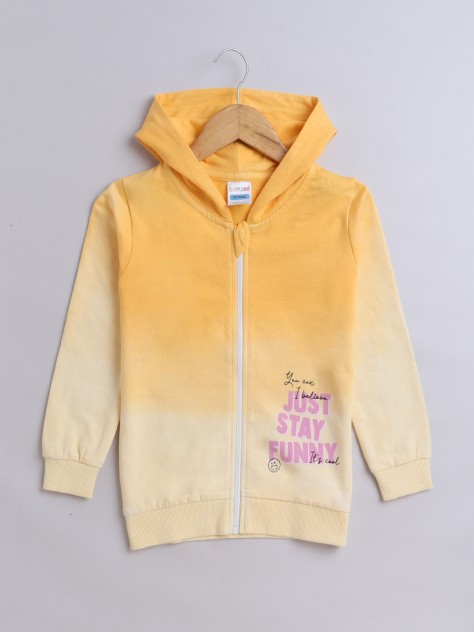 BUMZEE Yellow Girls  Full Sleeves Cotton Hooded Zipper Sweatshirt