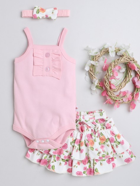 BUMZEE Pink & White Girls Sleeveless Bodysuit & Skirt Set With Headband