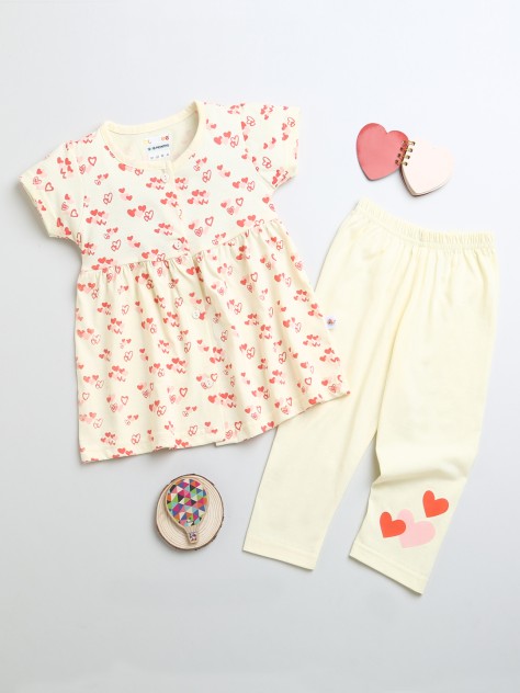 BUMZEE Cream Girls Cap Sleeves Cotton Frock & Legging Set