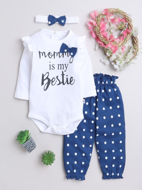 BUMZEE Royal Blue & White Girls Full Sleeves Cotton Bodysuit & Jogger Set With Headband