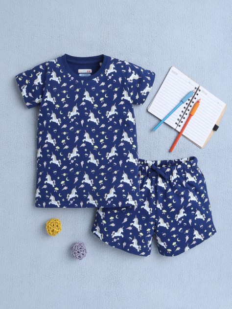 BUMZEE Yellow & Blue Girls Half Sleeves T-Shirt & Short Set