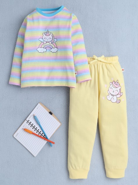 BUMZEE Multi & Yellow Girls Full Sleeves T-Shirt & Pyjama Set