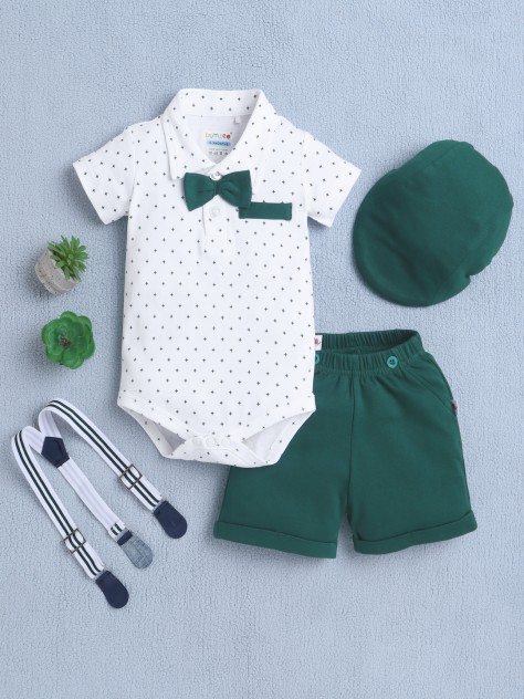 BUMZEE White & Bottle Green Boys Half Sleeves Bodysuit & Short Set With Bow Suspender & Cap