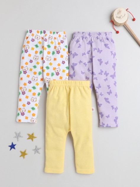 BUMZEE Yellow & White Baby Girls Diaper Pants - Leggings - Pyjamas Pack Of 3