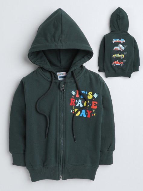 BUMZEE Bottle Green Boys Full Sleeves Hooded Sweatshirt