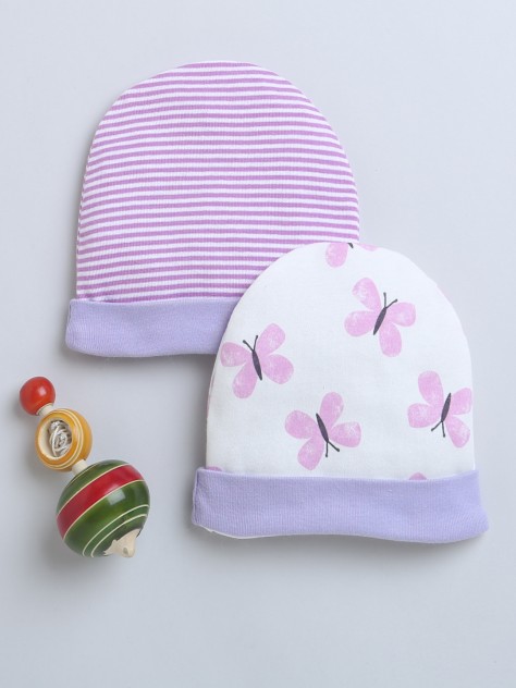 BUMZEE White & Lavender Baby Girls Round Cap Pack Of 2