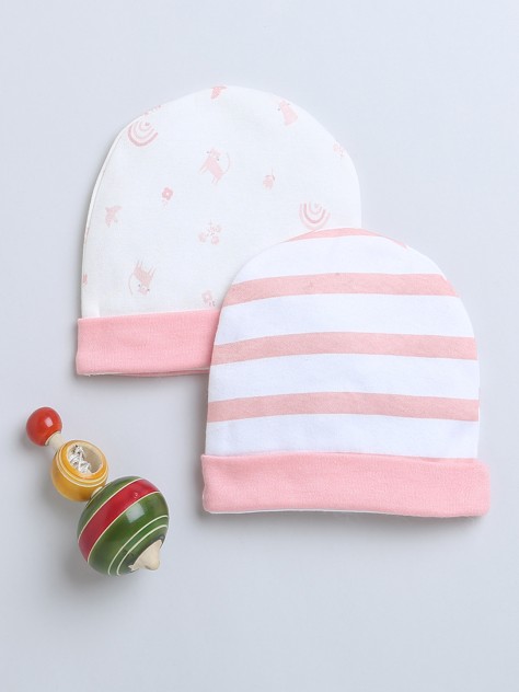 BUMZEE Peach & White Baby Girls Round Cap Pack Of 2