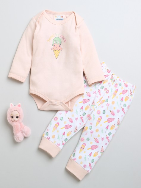 BUMZEE White & Peach Girls Full Sleeves Cotton Bodysuit & Pyjama Set