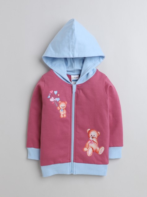 BUMZEE Mauve & Sky Blue Girls  Full Sleeves Cotton Hooded Sweatshirt