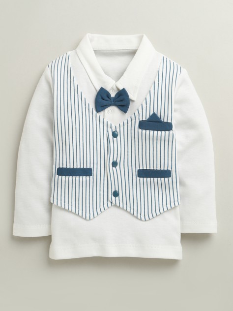 BUMZEE Teal Blue & White Boys Full Sleeves Cotton Formal Set With Attached Waistcoat
