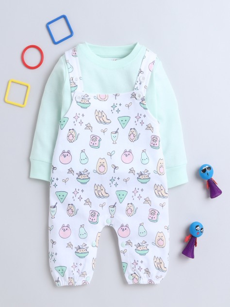 BUMZEE Mint Green & White Baby Girls Full Sleeves Cotton Dungaree Set