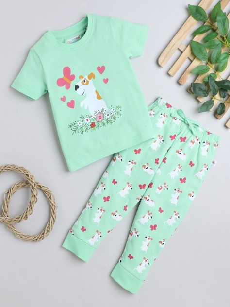 BUMZEE Green Girls Half Sleeves T-Shirt & Pyjama Set