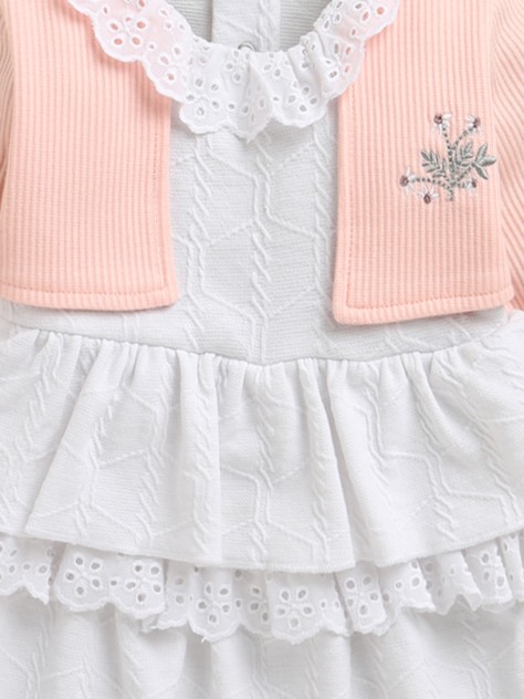 BUMZEE White & Pink Girls Full Sleeves Cotton Frock Dress