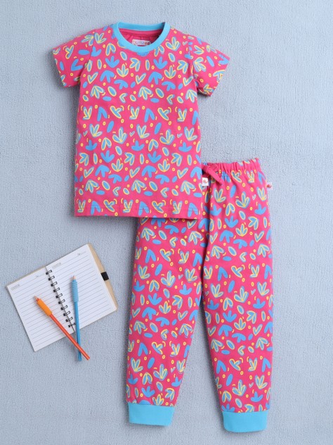 BUMZEE Pink Girls Half Sleeves T-Shirt & Pyjama Set