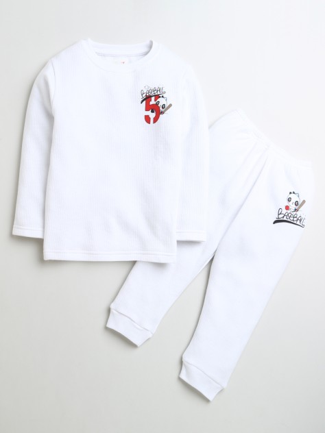 BUMZEE White Boys Full Sleeves Cotton Thermal T-Shirt & Jogger Set