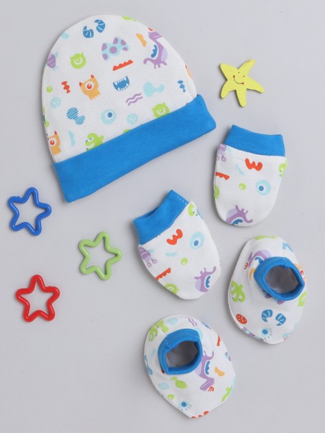 BUMZEE White & Blue Boys Cotton Cap Mitten Bootie Set