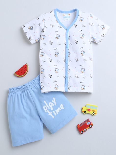 BUMZEE Blue & White Baby Boys Half Sleeves Jabla & Short Set