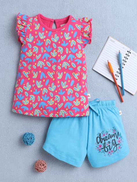 BUMZEE Pink & Blue Girls Sleeveless T-Shirt & Short Set