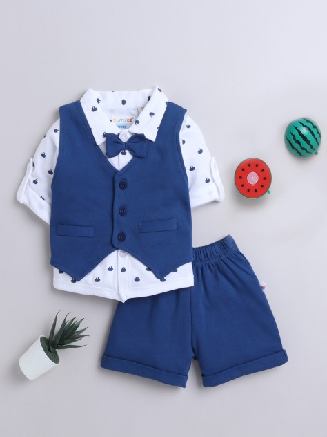 BUMZEE Navy & White Boys Full Sleeves Shirt Waistcoat & Short Set With Applique Bow