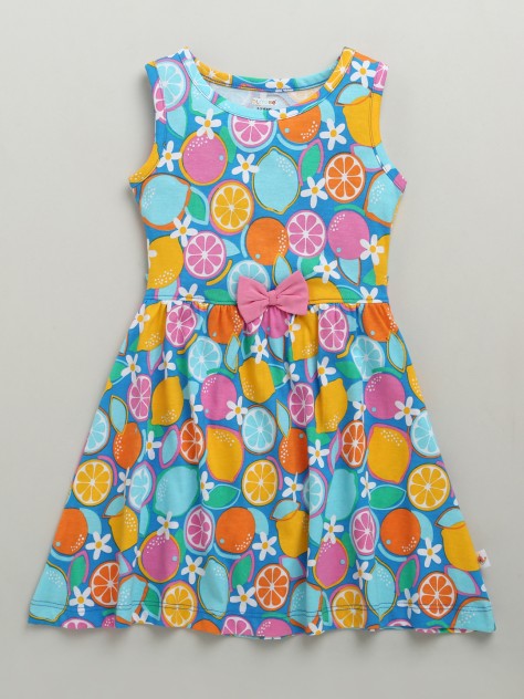BUMZEE Blue Girls Sleeveless Cotton Knee Length Frock