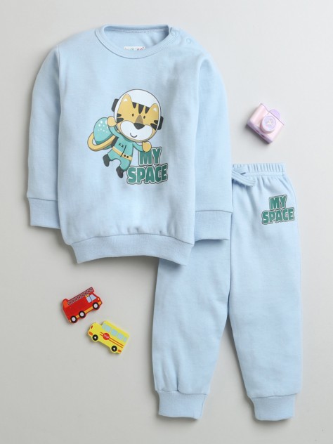 BUMZEE Sky Blue Boys Full Sleeves Cotton Sweatshirt & Jogger Set