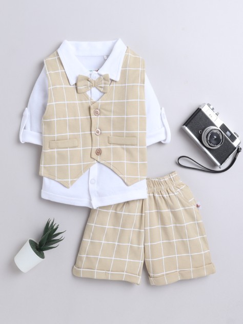 BUMZEE White & Beige Boys Full Sleeves Shirt Waistcoat & Short Set With Applique Bow