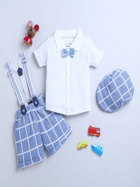 BUMZEE Sky Blue & White Boys Half Sleeves Shirt & Short Set With Bow Suspender & Cap