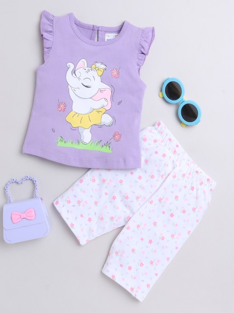 BUMZEE Lavender & Off White Girls Sleeveless T-Shirt & Capri Set