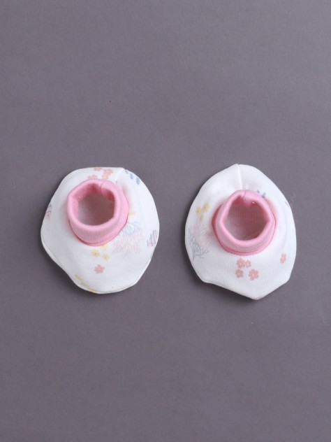 BUMZEE White & Baby Pink Girls Cotton Cap Mitten Bootie Set