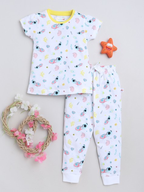 BUMZEE White Girls Cap Sleeves T-Shirt & Pyjama Set