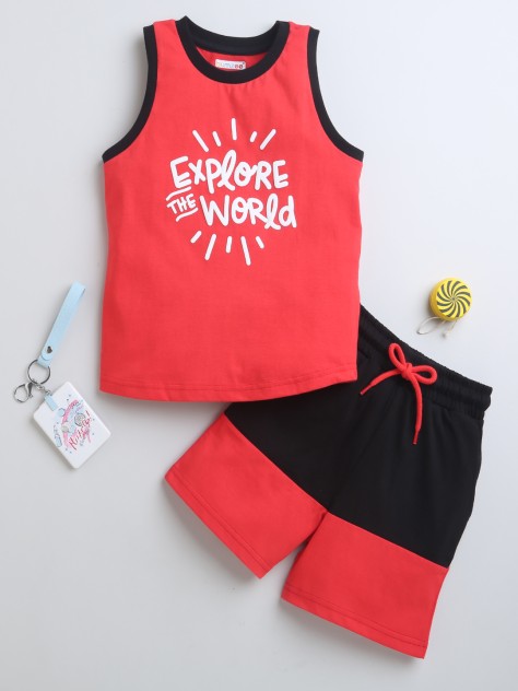 BUMZEE Red & Black Boys Sleeveless T-Shirt & Short Set