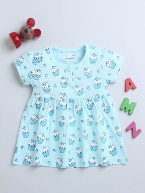 BUMZEE Powder Blue Girls Half Sleeves Cotton Frock