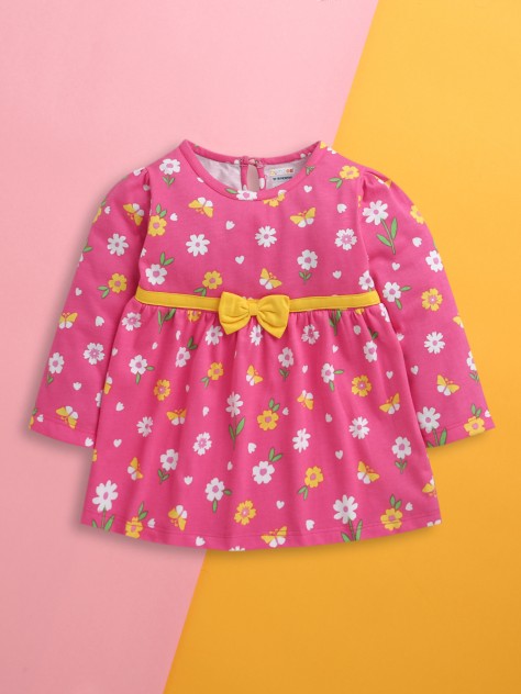 BUMZEE Pink Girls Full Sleeves Cotton Knee Length Frock