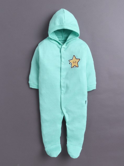 BUMZEE Mint Green & White Baby Girls Full Sleeves Hooded Sleepsuit Pack Of 2