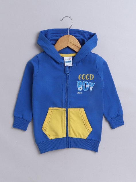 BUMZEE Royal Blue & Yellow Boys Full Sleeves Cotton Hooded Zipper Sweatshirt