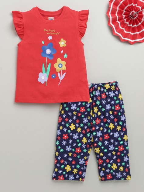 BUMZEE Navy & Pink Girls Half Sleeves T-Shirt & Capri Set