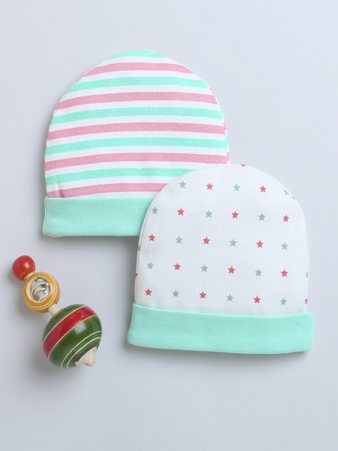 BUMZEE Mint Green & White Baby Girls Round Cap Pack Of 2