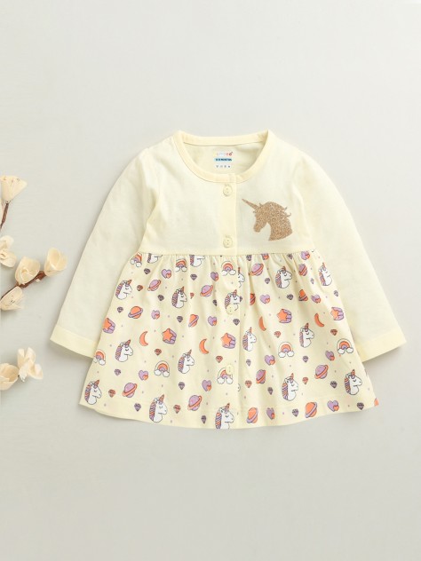 BUMZEE Cream Girls Full Sleeves Cotton Knee Length Frock