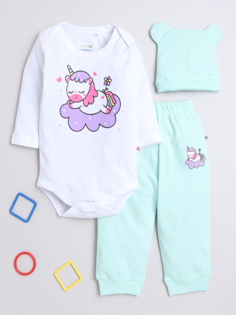 BUMZEE Mint Green & White Girls Full Sleeves Cotton Bodysuit & Jogger Set With Cap