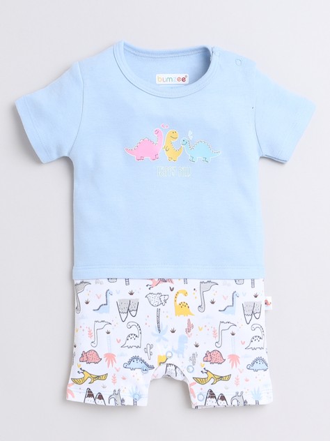 BUMZEE Sky Blue & White Boys Half Sleeves Thigh Length Romper