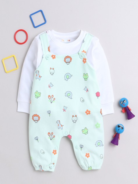 BUMZEE Mint Green & White Baby Girls Full Sleeves Dungaree Set