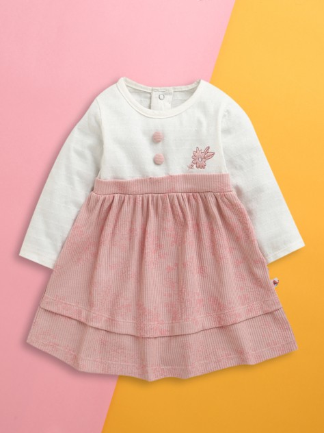 BUMZEE Onion Pink & White Girls Full Sleeves Cotton Frock Dress