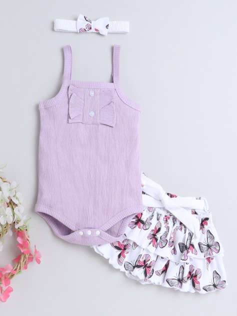 BUMZEE Lavender Girls Sleeveless Bodysuit & Skirt Set With Headband