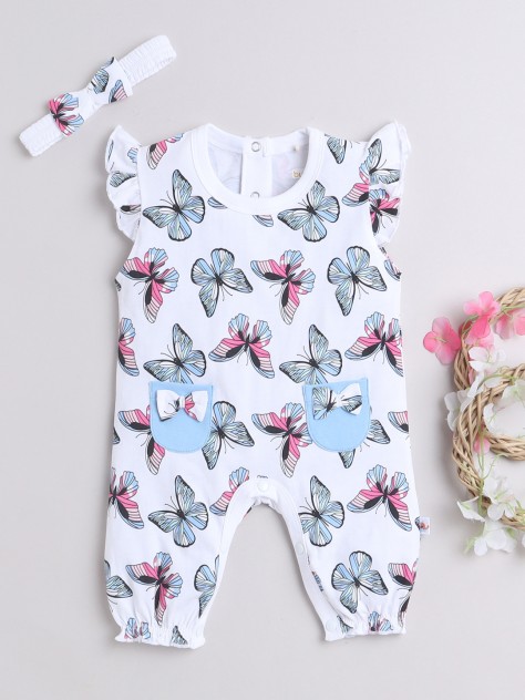 BUMZEE White Girls Half Sleeves Thigh Length Romper With Headband