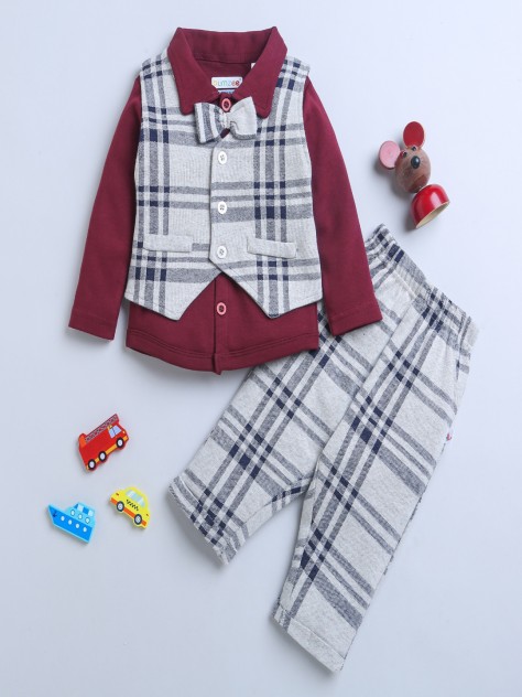 BUMZEE Beige & Maroon Boys Full Sleeves Shirt Waistcoat & Pant Set With Applique Bow