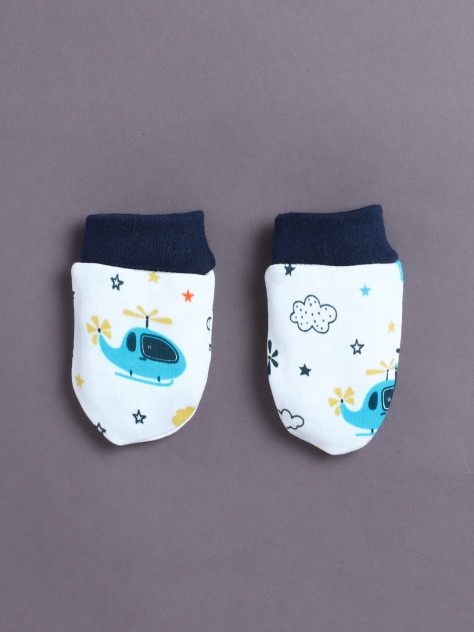 BUMZEE White & Navy Boys Cotton Cap Mitten Bootie Set