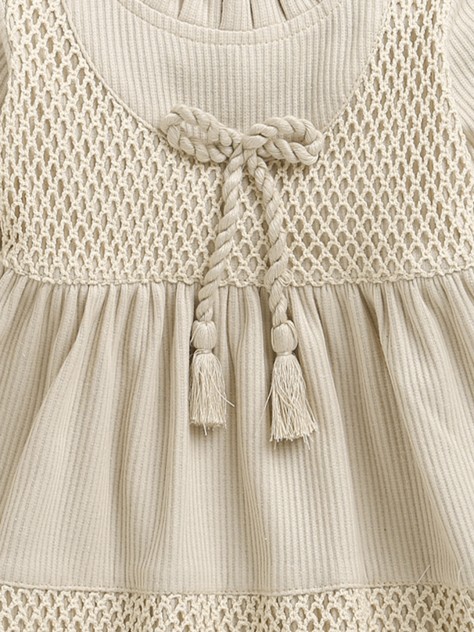 BUMZEE Beige Girls Full Sleeves Cotton Frock Dress