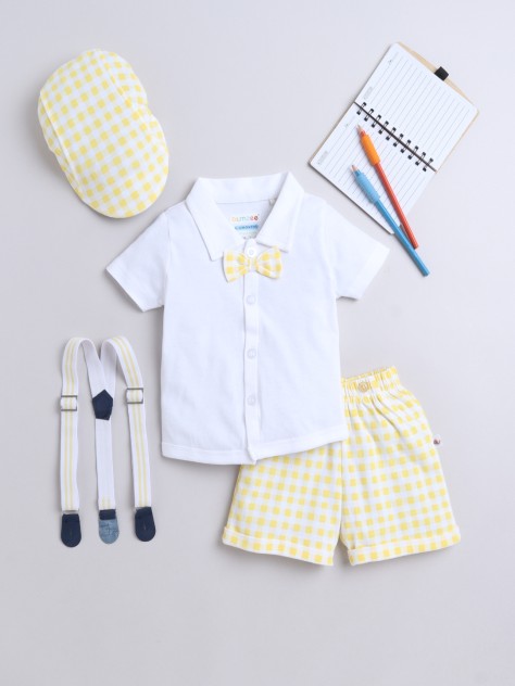 BUMZEE White & Yellow Boys Half Sleeves Shirt & Short Set With Bow Suspender & Cap