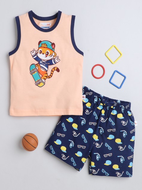 BUMZEE Navy & Peach Boys Sleeveless T-Shirt & Short Set