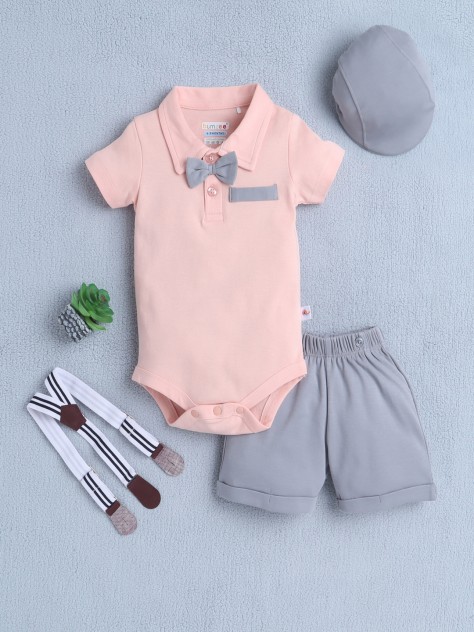 BUMZEE Peach & Grey Boys Half Sleeves Bodysuit & Short Set With Bow Suspender & Cap